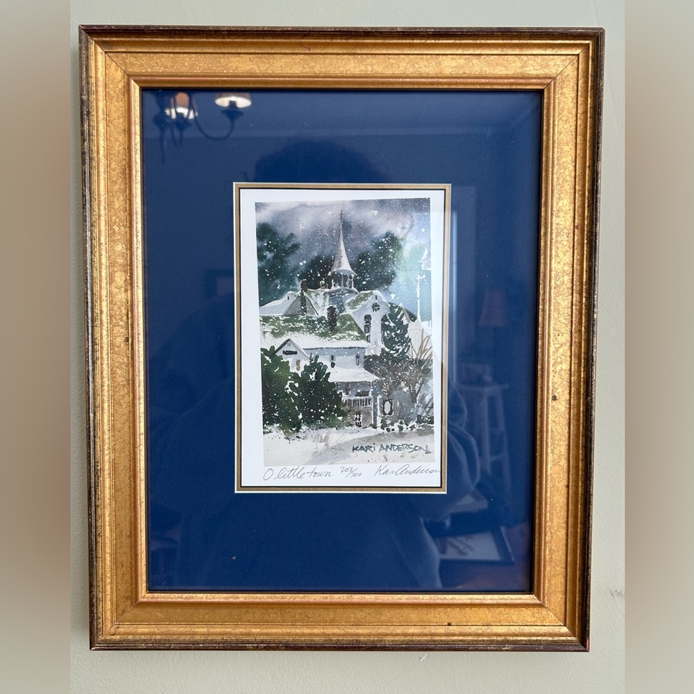 Kari Anderson Print Framed Door County WI Winter Village Art Gold Frame Signed